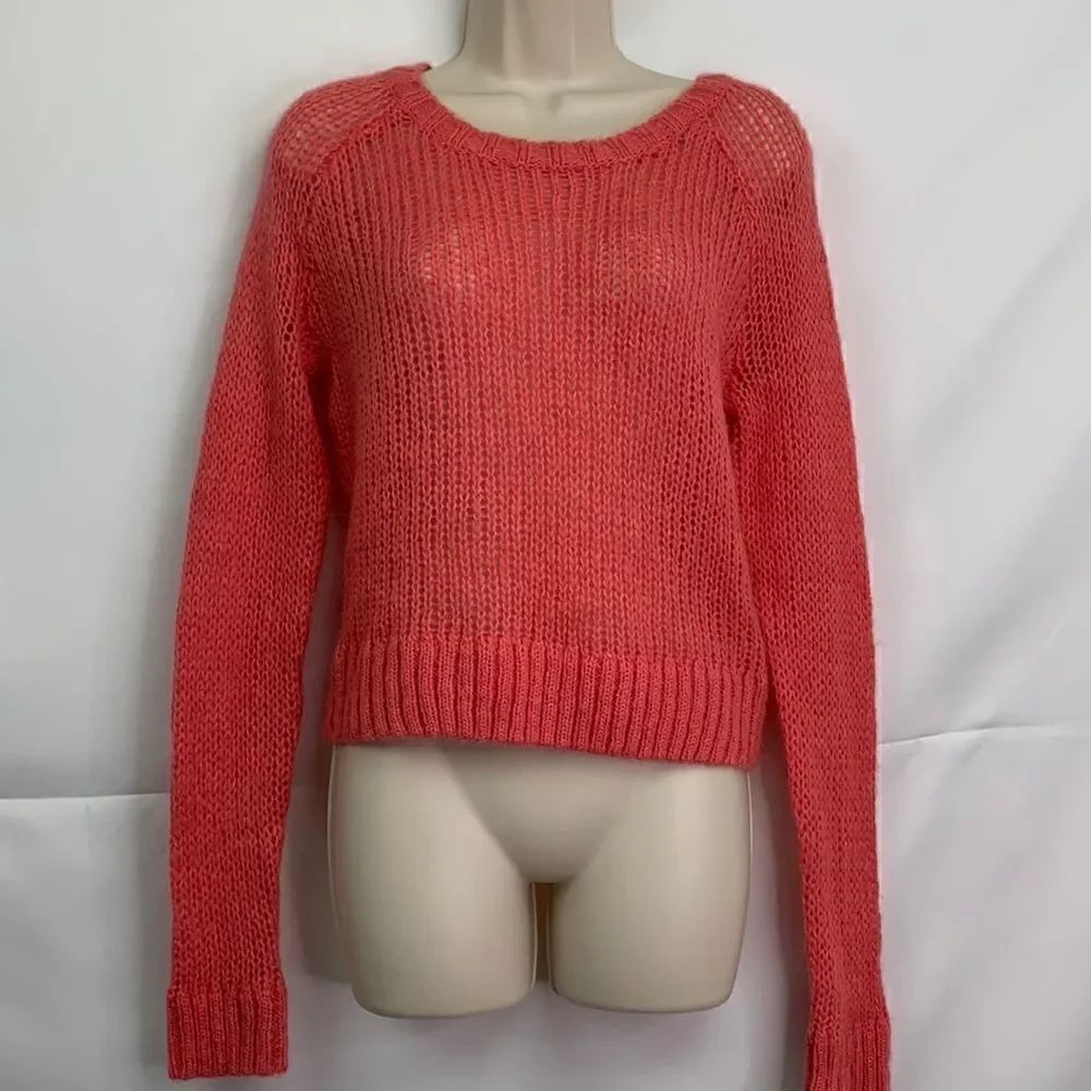 I Love H81 coral wool Mohair blend open knit crew neck sweater